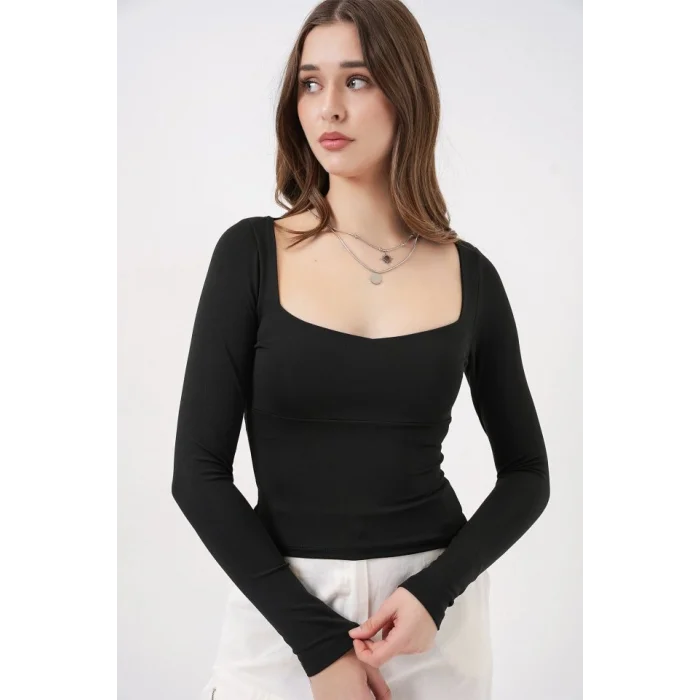 Kare Yaka Slim Fit Bluz 986 - Siyah