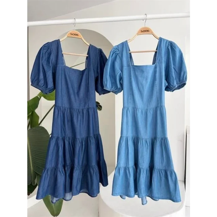 Kare Yakalı Ve Gipe Detaylı Tensel Elbise 2883