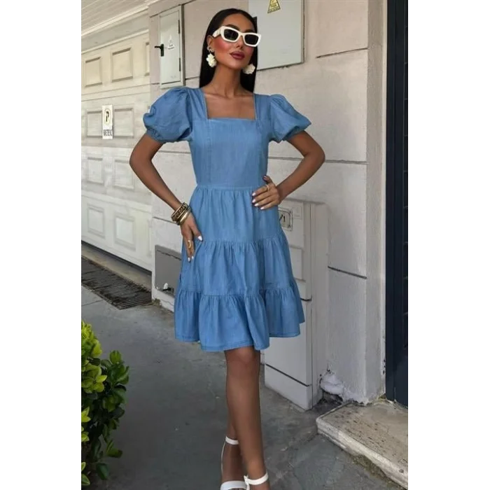 Kare Yakalı Ve Gipe Detaylı Tensel Elbise 2883