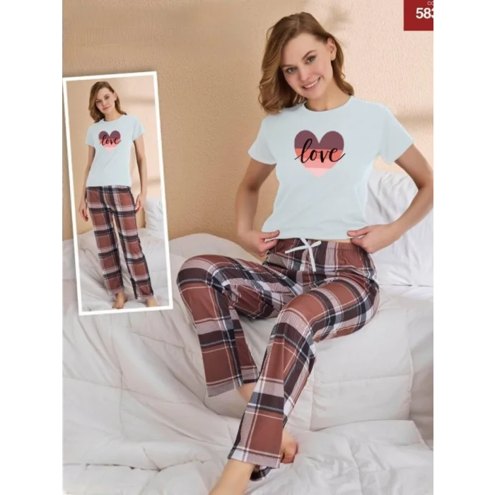 Kareli Kısa Kollu Pijama Takımı -Su Yeşili