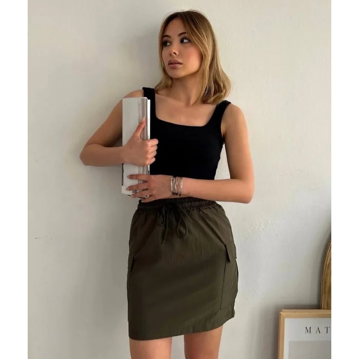 Kargo cep ince paraşüt etek haki s241019