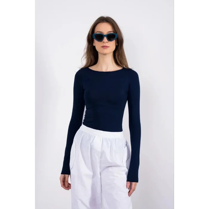 Kayık yaka uzun kollu bluz lacivert pt