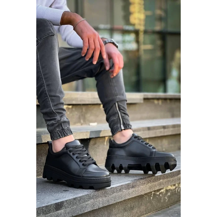 KB-056 Kuback Siyah Cilt Siyah Yüksek Taban Günlük Spor Ayakkabı