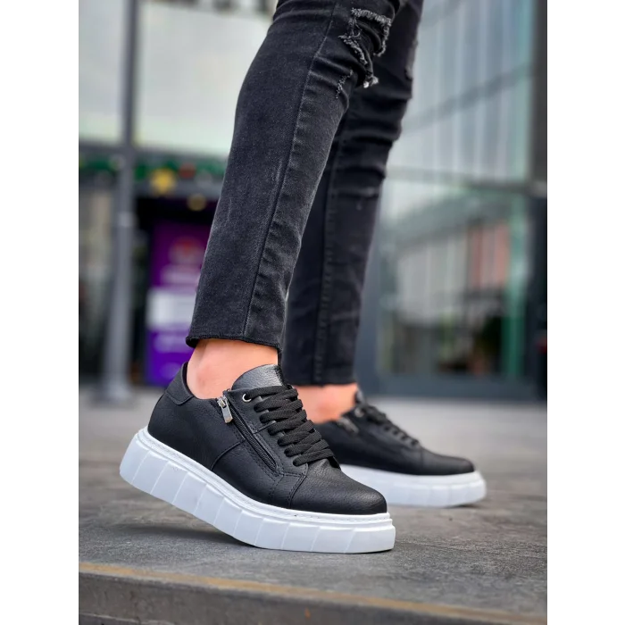 KB-X155 Kuback Siyah Cilt Detaylı Beyaz Yüksek Taban Günlük Spor Ayakkabı