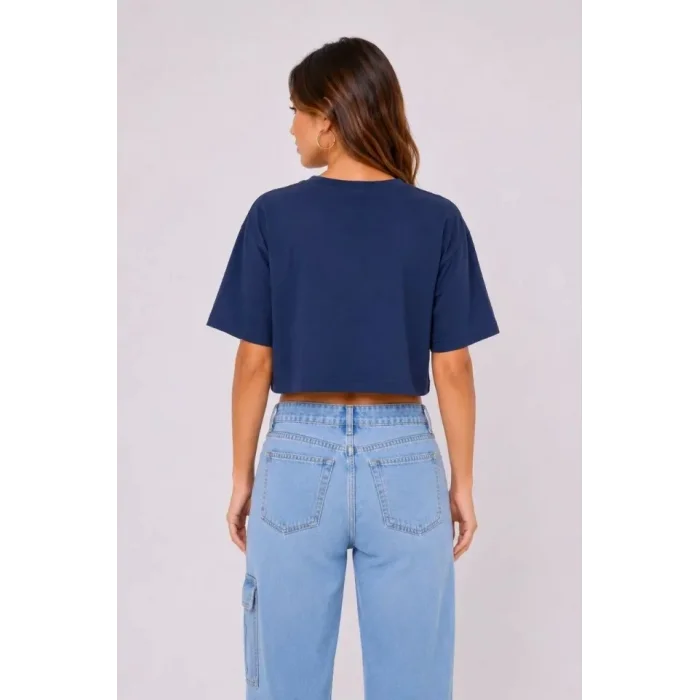 Kedi Baskılı Oversize Crop Tişört Salaş Basic Yarım Kol T-shirt - Lacivert