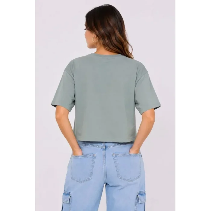 Kedi Baskılı Oversize Crop Tişört Salaş Basic Yarım Kol T-shirt - Mint Yeşili
