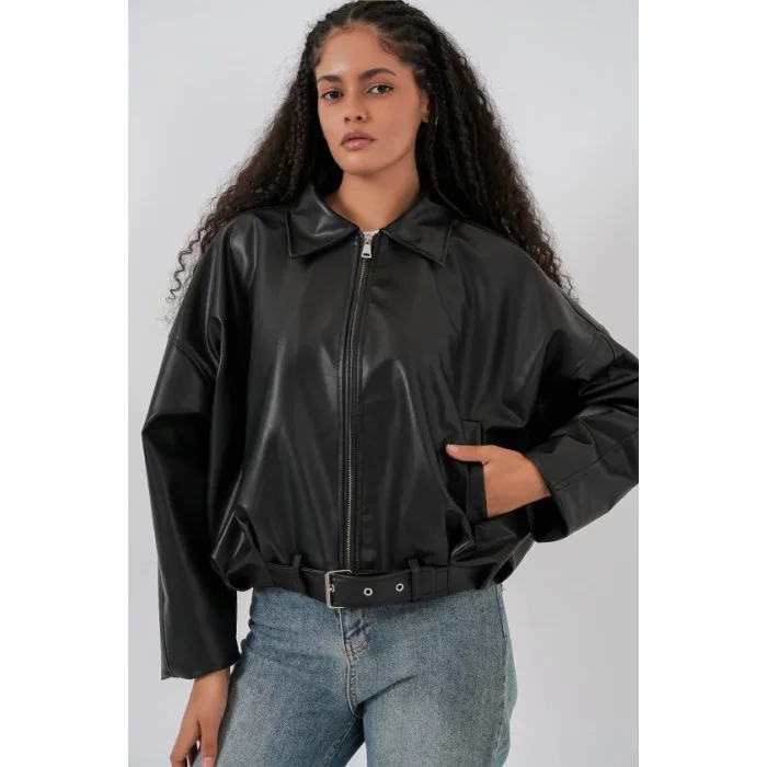 Kemer Detaylı Deri Ceket 1056 - Siyah
