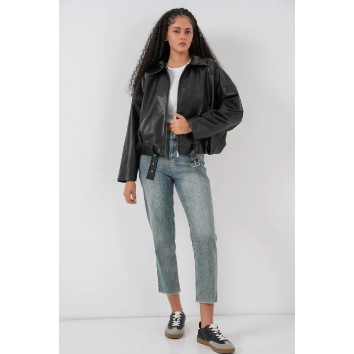Kemer Detaylı Deri Ceket 1056 - Siyah
