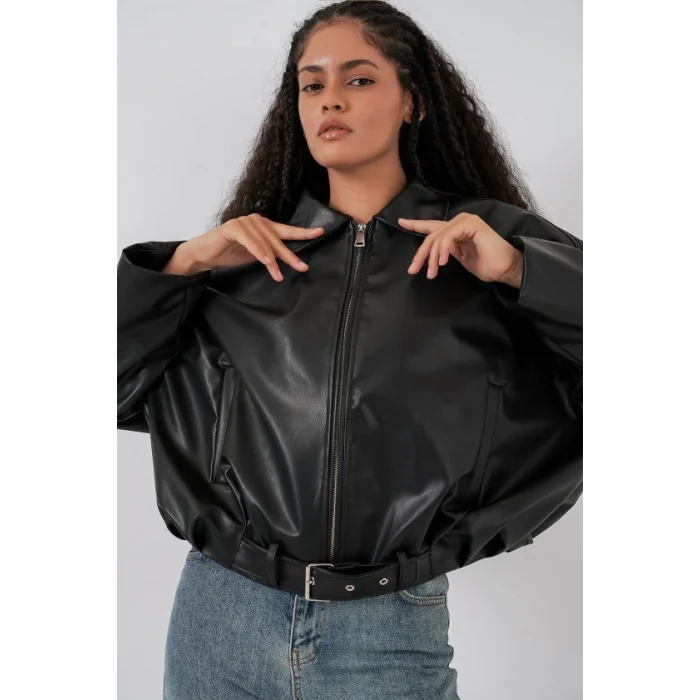 Kemer Detaylı Deri Ceket 1056 - Siyah