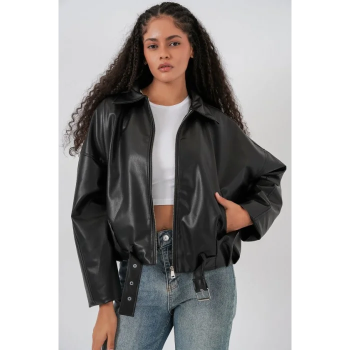 Kemer Detaylı Deri Ceket 1056 - Siyah