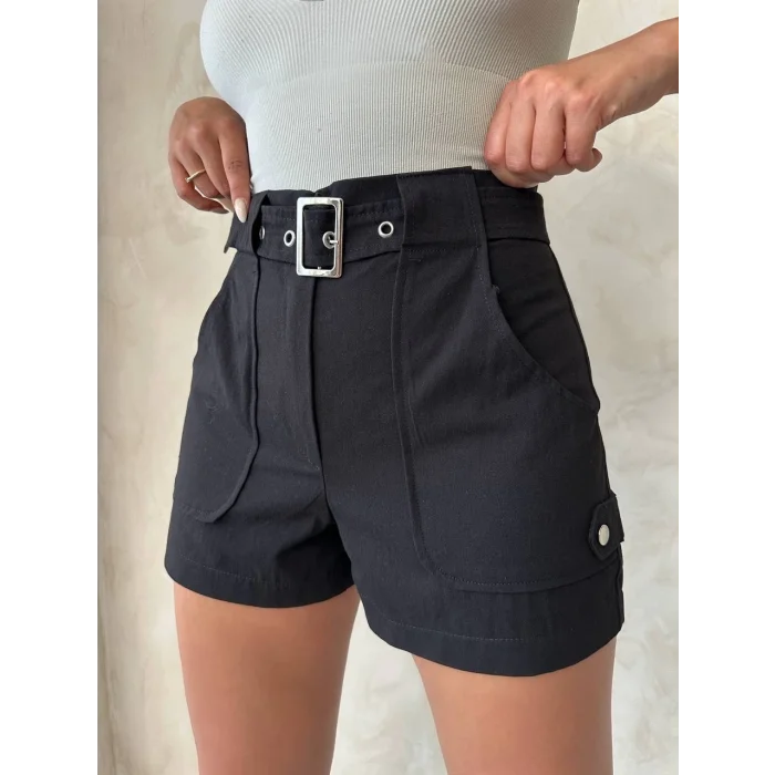 Kemer detaylı gabardin şort siyah s25289
