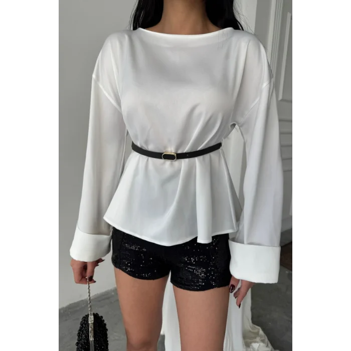 KEMER DETAYLI SATEN BLUZ - Beyaz