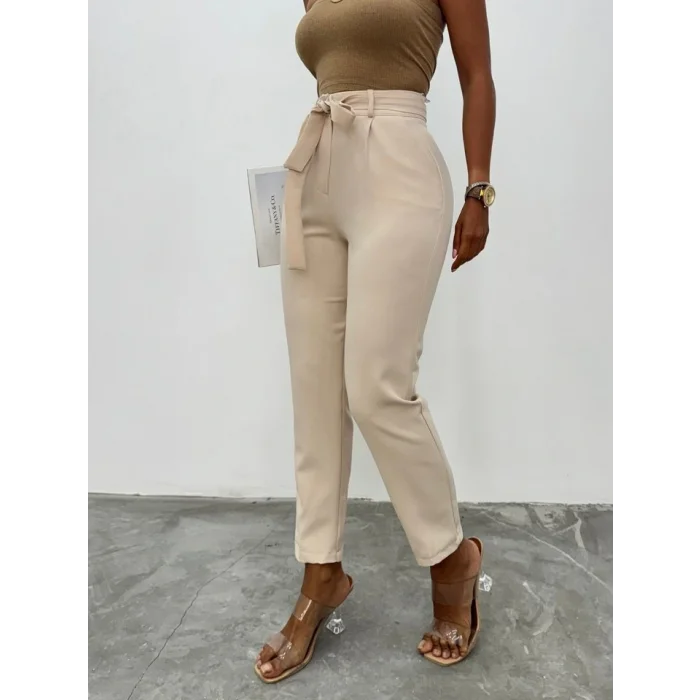 Kemerli Bilek Pantolon     -Bej