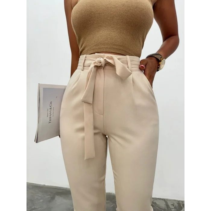 Kemerli Bilek Pantolon     -Bej