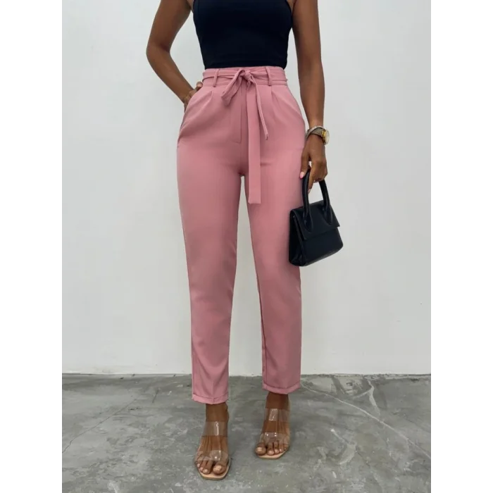 Kemerli Bilek Pantolon     -Pudra