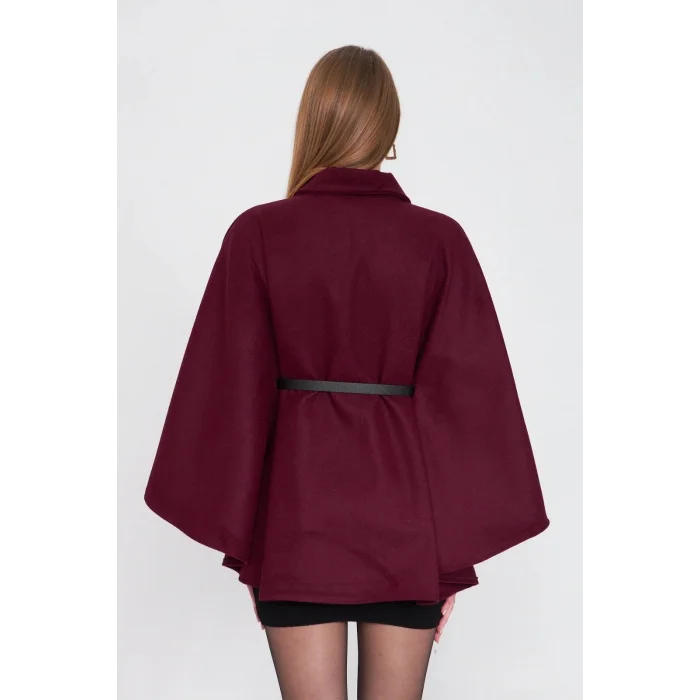 Kemerli kaşe panço bordo pt