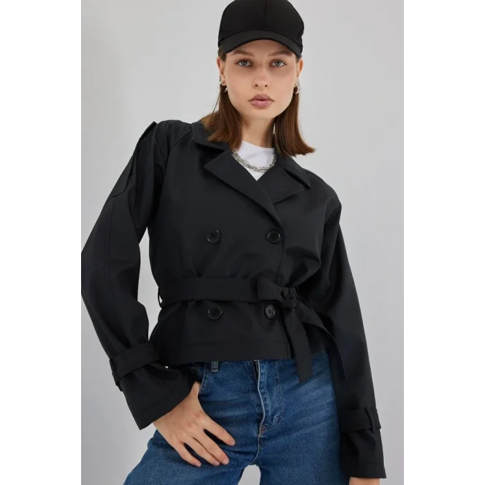 Kemerli Kısa Trençkot 5970 - Siyah