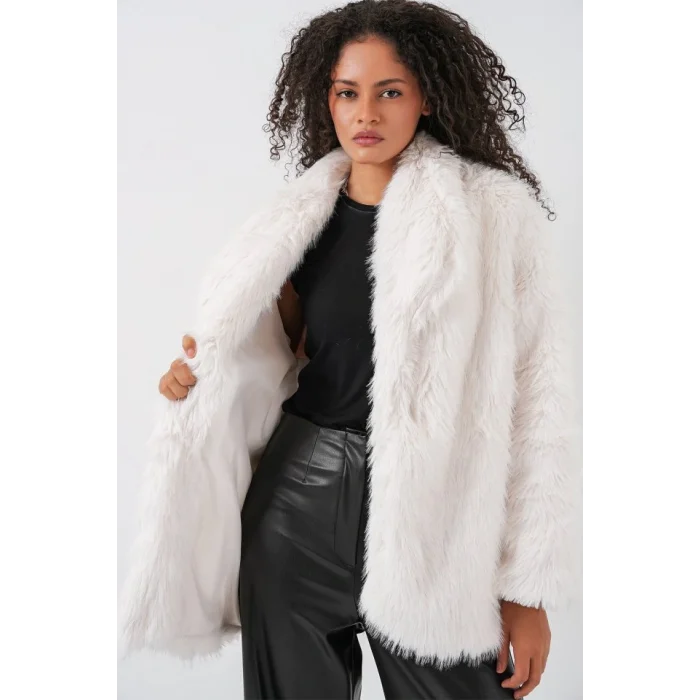 Kemerli Oversize Kürklü Kaban 9156 - Beyaz