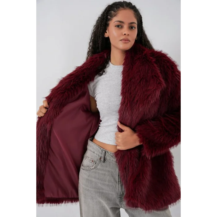 Kemerli Oversize Kürklü Kaban 9156 - Bordo