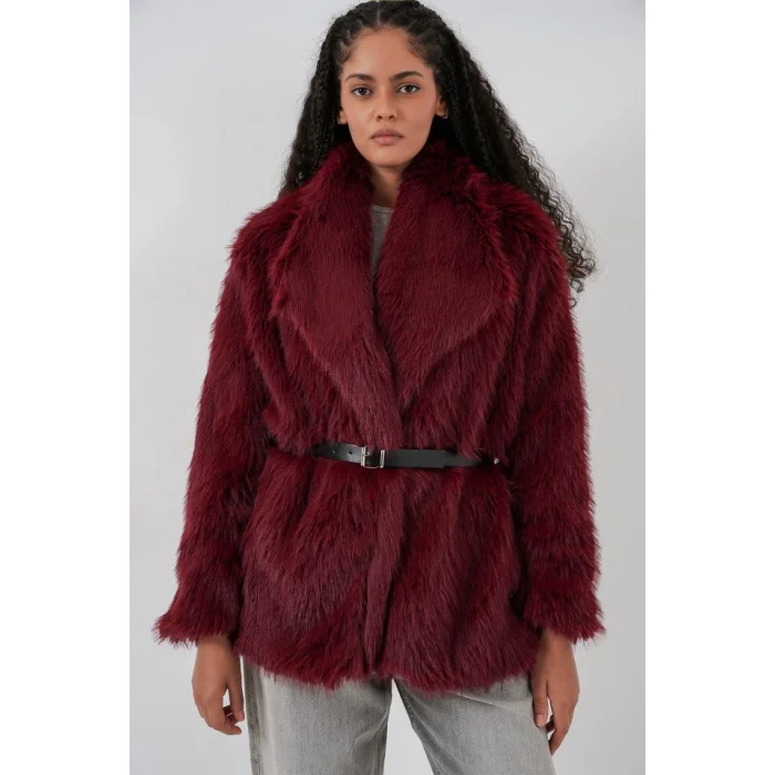 Kemerli Oversize Kürklü Kaban 9156 - Bordo