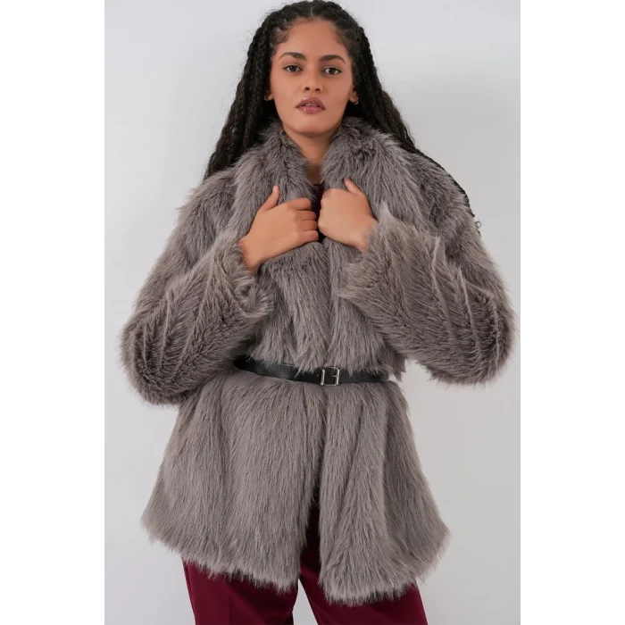 Kemerli Oversize Kürklü Kaban 9156 - Füme