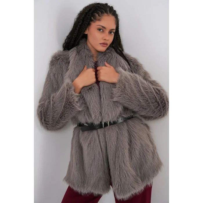 Kemerli Oversize Kürklü Kaban 9156 - Füme