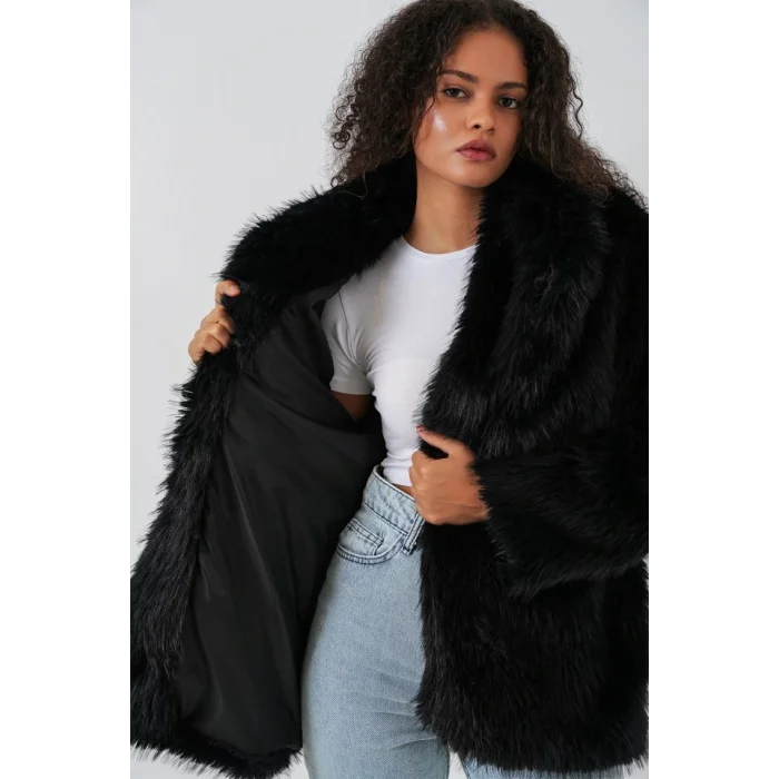 Kemerli Oversize Kürklü Kaban 9156 - Siyah