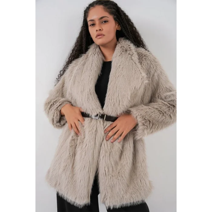 Kemerli Oversize Kürklü Kaban 9156 - Taş