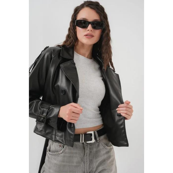 Kemerli Suni Deri Ceket 1046 - Siyah