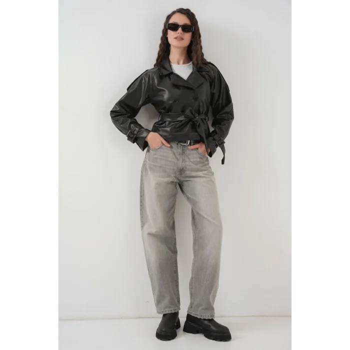 Kemerli Suni Deri Ceket 1046 - Siyah