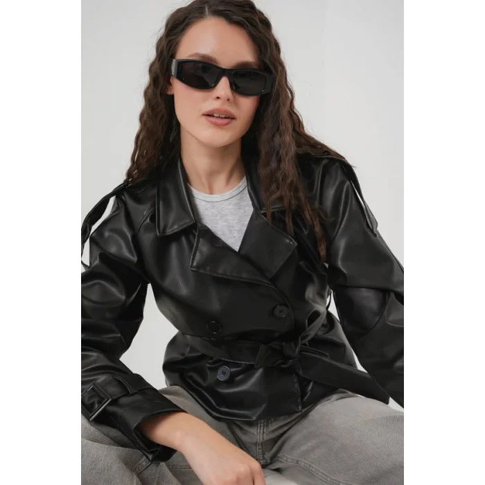 Kemerli Suni Deri Ceket 1046 - Siyah