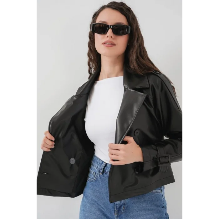 Kemerli Suni Deri Ceket 1046 - Siyah