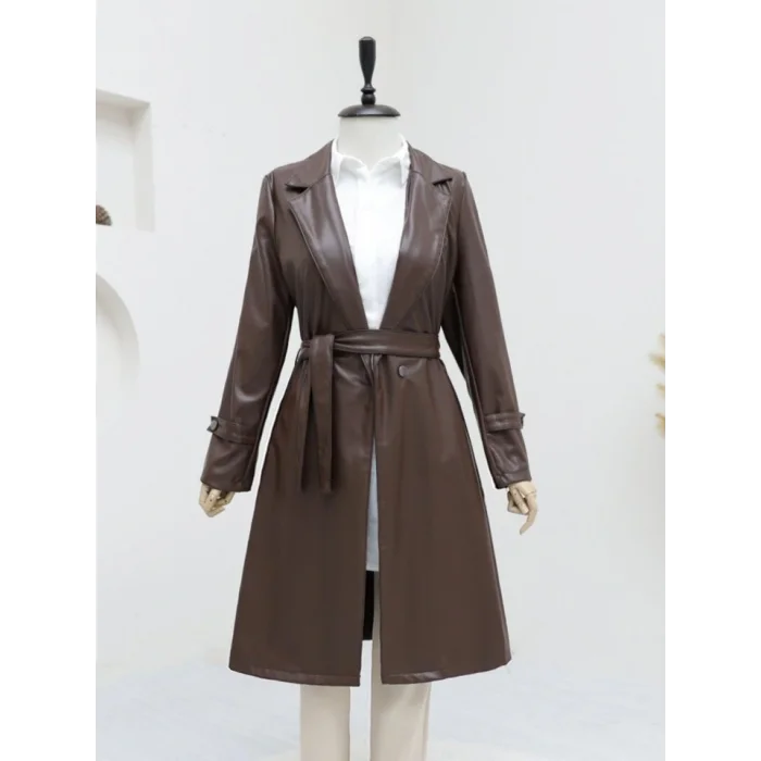 Kemerli Yan Cepli Deri Trenckot -Kahve