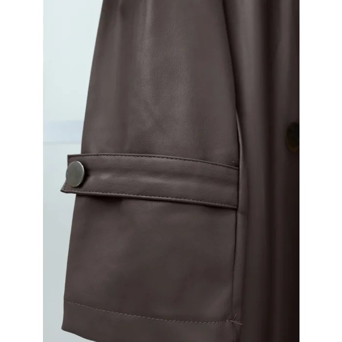 Kemerli Yan Cepli Deri Trenckot -Kahve