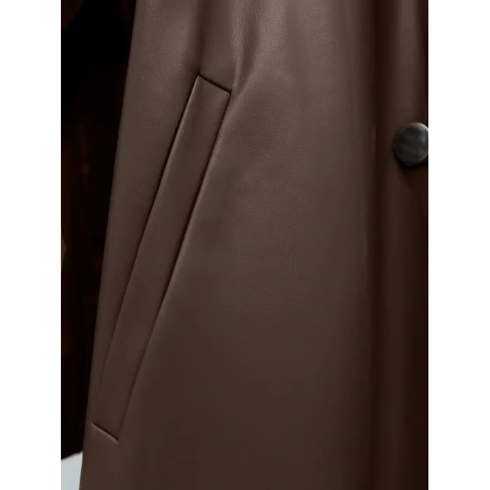 Kemerli Yan Cepli Deri Trenckot -Kahve
