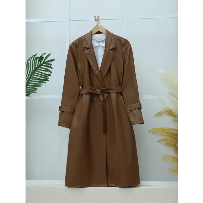 Kemerli Yan Cepli Deri Trenckot -Taba