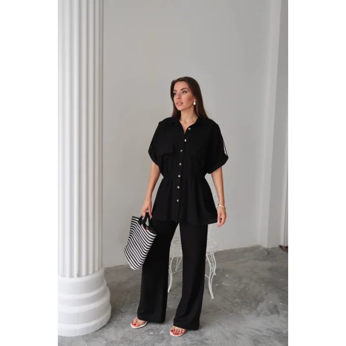 KETEN BELDEN BÜZGÜ DETAYLI GÖMLEK - PANTOLON TAKIM - Siyah