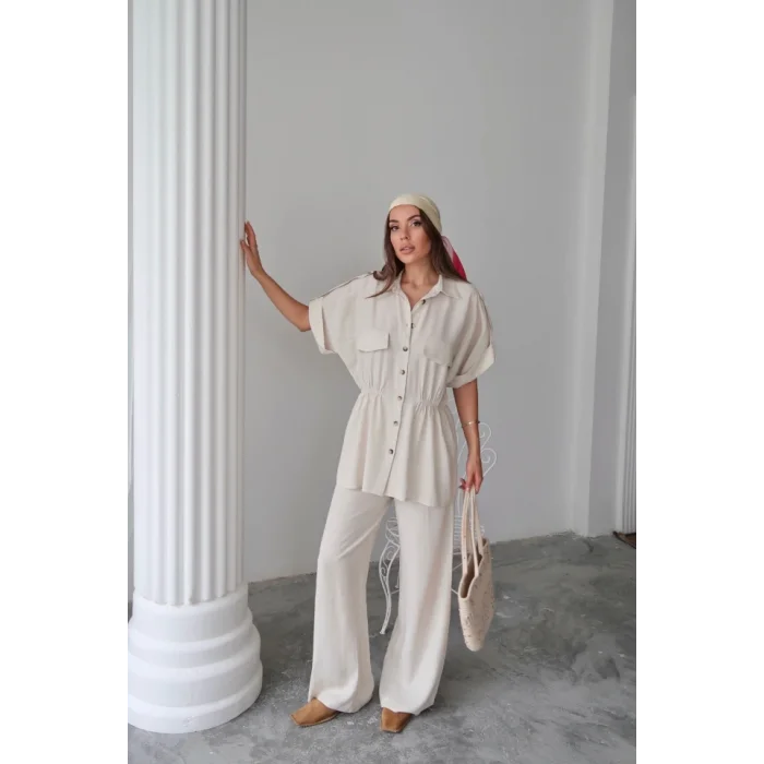 KETEN BELDEN BÜZGÜ DETAYLI GÖMLEK - PANTOLON TAKIM - Taş