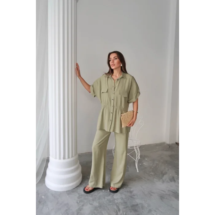KETEN BELDEN BÜZGÜ DETAYLI GÖMLEK - PANTOLON TAKIM - Yeşil