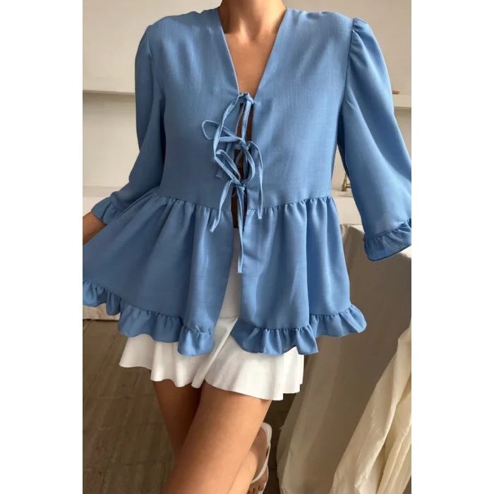 KETEN BLUZ ÖNDEN BAĞLAMALI FIRFIR DETAYLI - Mavi