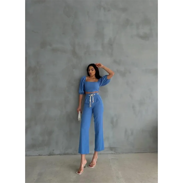 KETEN CROP KARPUZ KOL BLUZ-PANTOLON HASIR KEMERLİ - Mavi