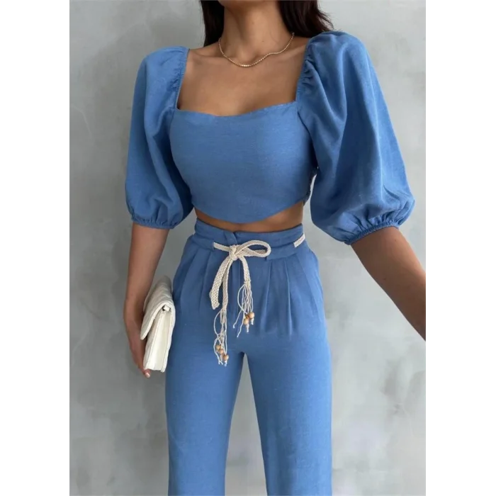 KETEN CROP KARPUZ KOL BLUZ-PANTOLON HASIR KEMERLİ - Mavi