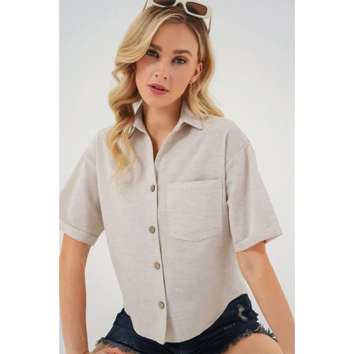 Keten Görünümlü Crop Gömlek 20339 - Krem