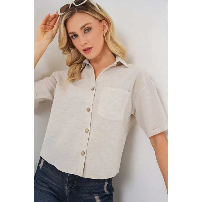 Keten Görünümlü Crop Gömlek 20339 - Krem