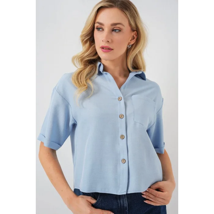 Keten Görünümlü Crop Gömlek 20339 - Mavi