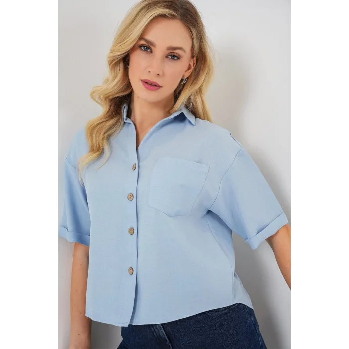 Keten Görünümlü Crop Gömlek 20339 - Mavi