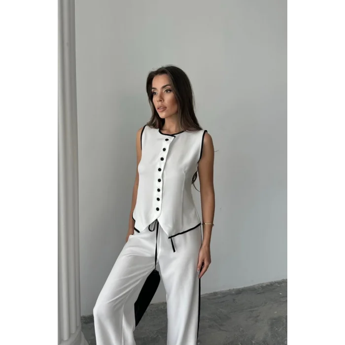 KETEN KENARLARI BİYELİ YELEK - PANTOLON TAKIM - Beyaz