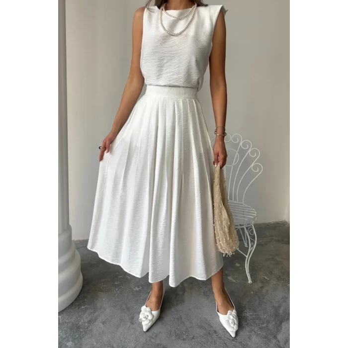 KETEN KOLSUZ BLUZ - MAXİ ETEK TAKIM - Beyaz