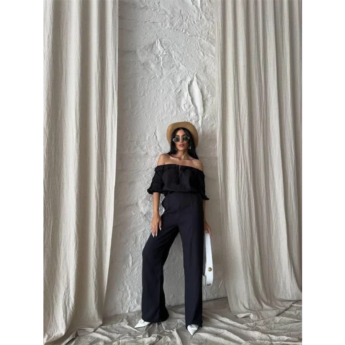 KETEN MADONNA YAKA KOL HASIR ŞERİT - PANTOLON TAKIM - Siyah