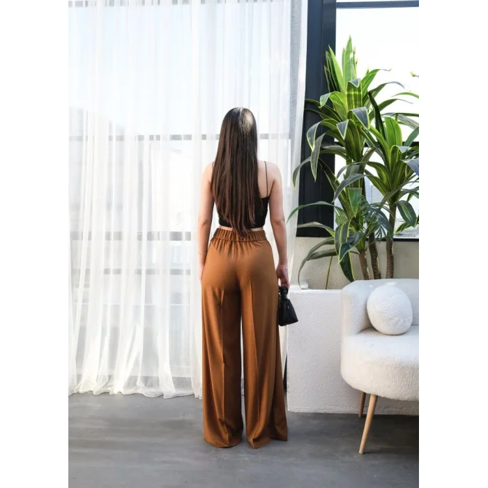 Keten Önü Çapraz Parçali Lasti̇kli̇ Ve Bağcikli Geni̇ş Paça Pantolon